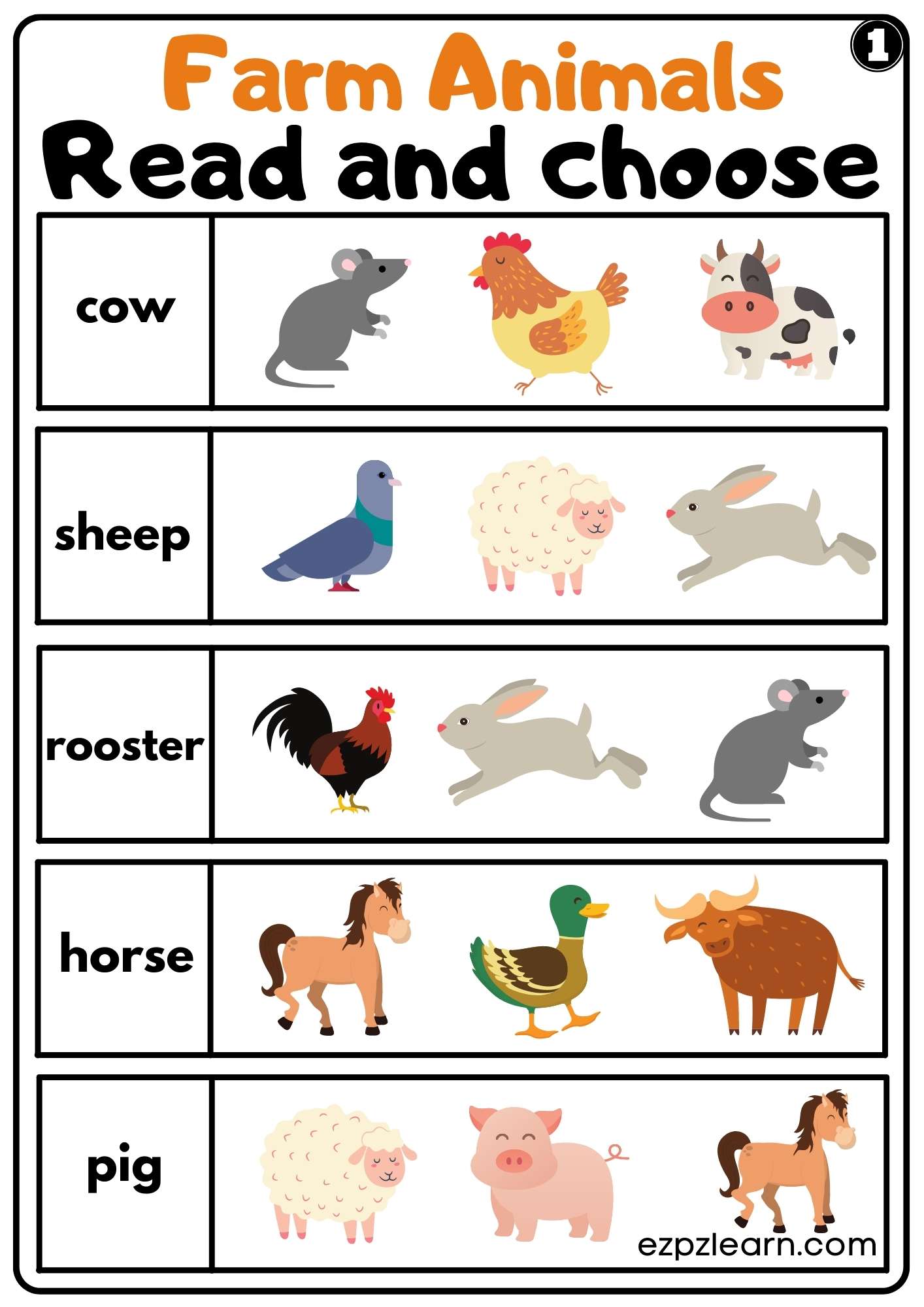 Farm Animals Read and Choose Worksheet for Kindergarten or ESL Students Free PDF Download